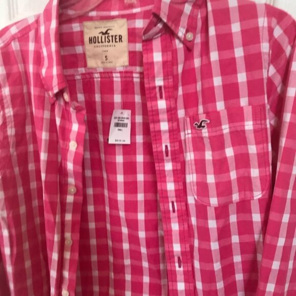 Hollister NEW Cotton Gingham Check Button Shirt Top Blouse Pink Long Sleeves S - Picture 7 of 14